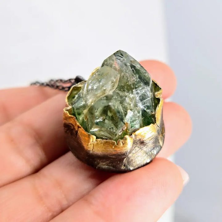 ?GReen Phantom’ Pendant Necklace - Phantom Quartz Black & Faceted Sterling 18k Gold