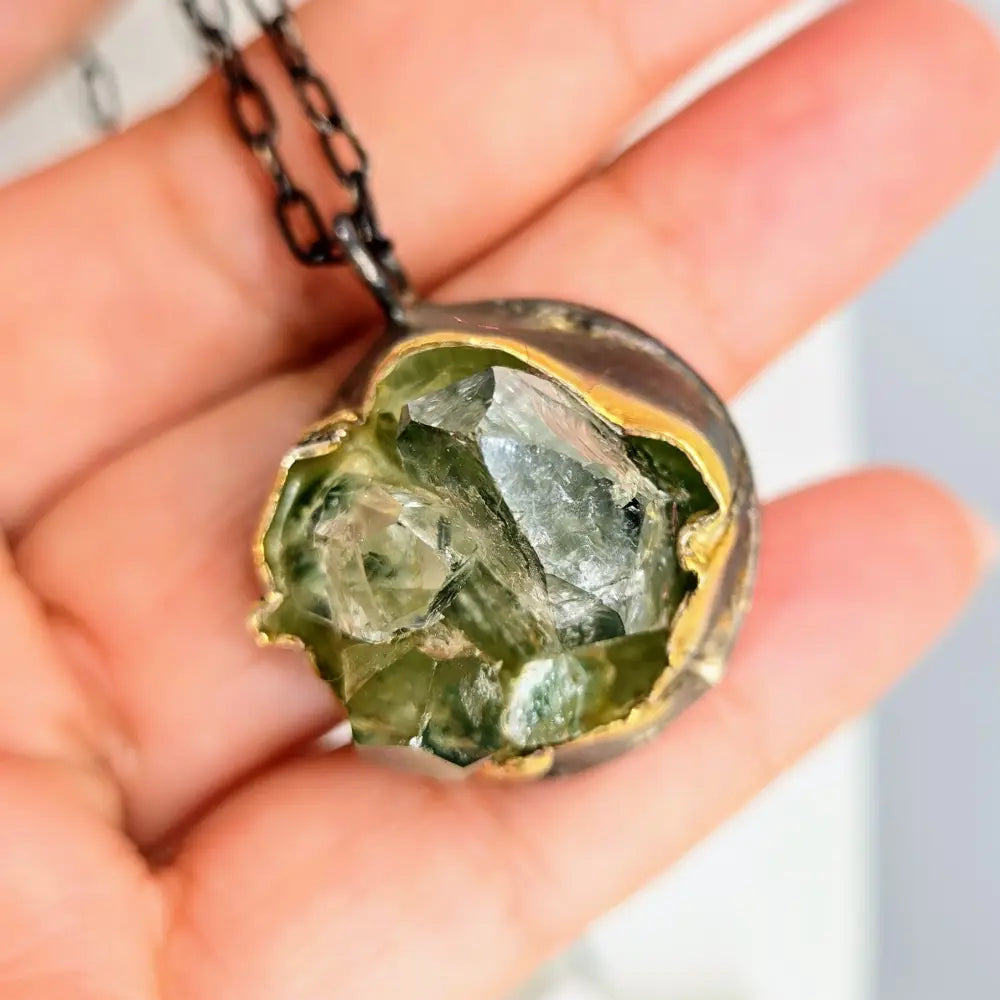?GReen Phantom’ Pendant Necklace - Phantom Quartz Black & Faceted Sterling 18k Gold