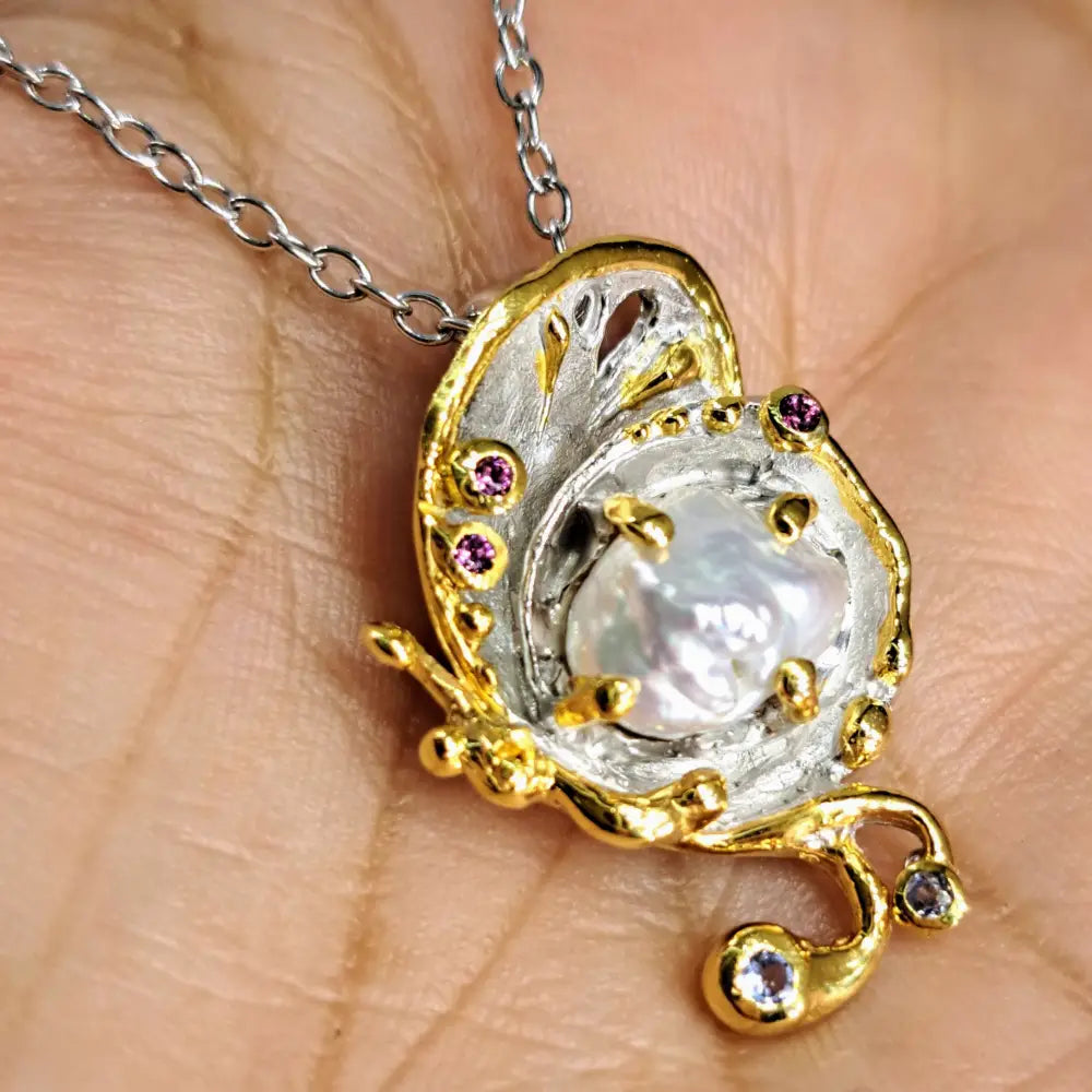 ?HAlf Shell’ Pendant Necklace - Pearl Tourmaline Anti-tarnish Sterling 18k Gold