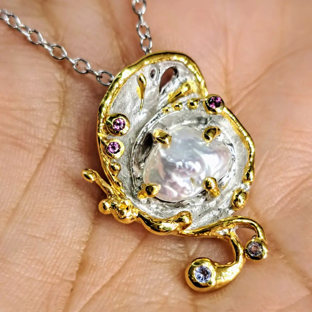 ?HAlf Shell’ Pendant Necklace - Pearl Tourmaline Anti-tarnish Sterling 18k Gold