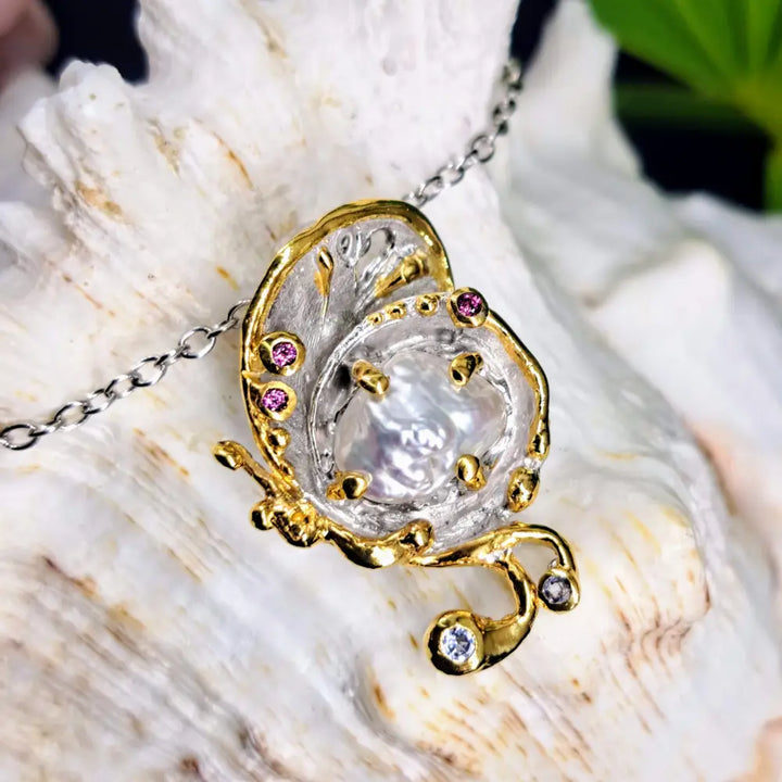 ?HAlf Shell’ Pendant Necklace - Pearl Tourmaline Anti-tarnish Sterling 18k Gold