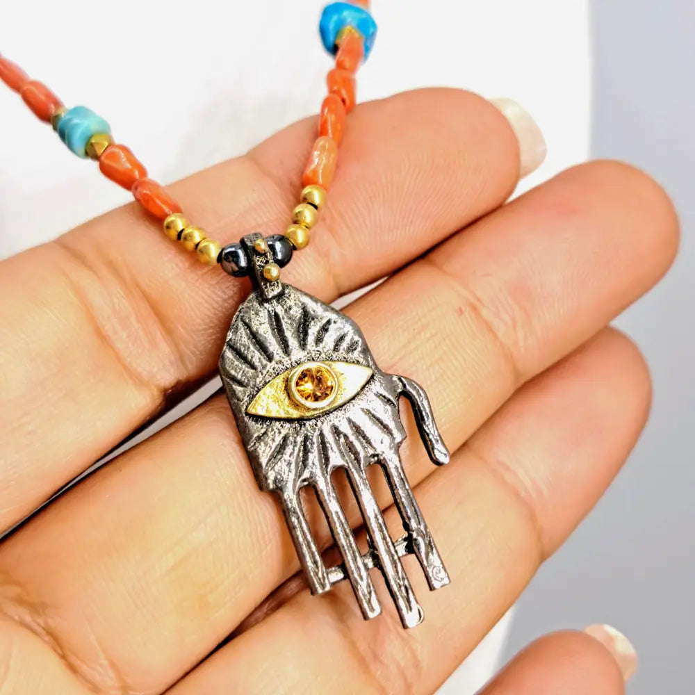 ?HAmsa Hamsa Hamsa!’ (#1) 18’’-20’’ Necklace - Coral Turquoise Sapphire Black Sterling 18k Gold