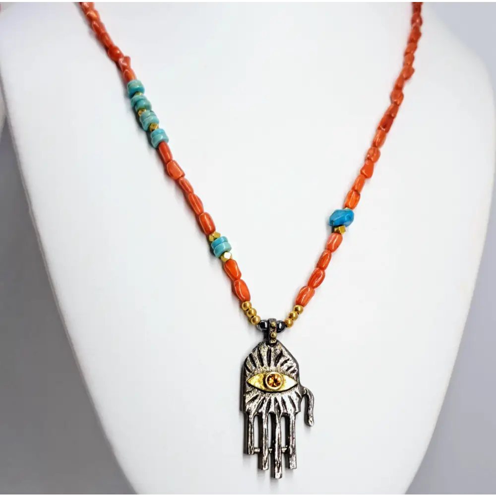 ?HAmsa Hamsa Hamsa!’ (#1) 18’’-20’’ Necklace - Coral Turquoise Sapphire Black Sterling 18k Gold