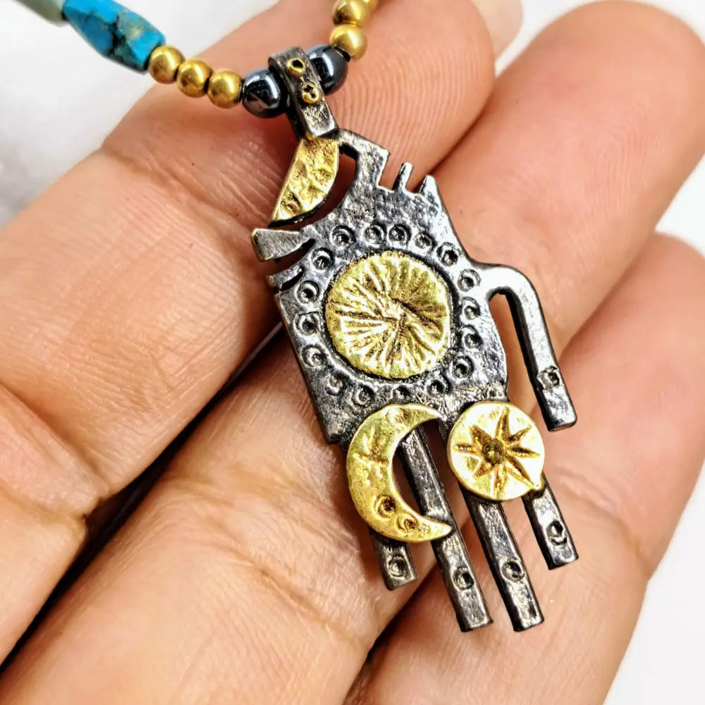 ?HAmsa Hamsa Hamsa!’ (#2) 18’’-20’’ Necklace - Coral Turquoise Zircon Black Sterling 18k Gold