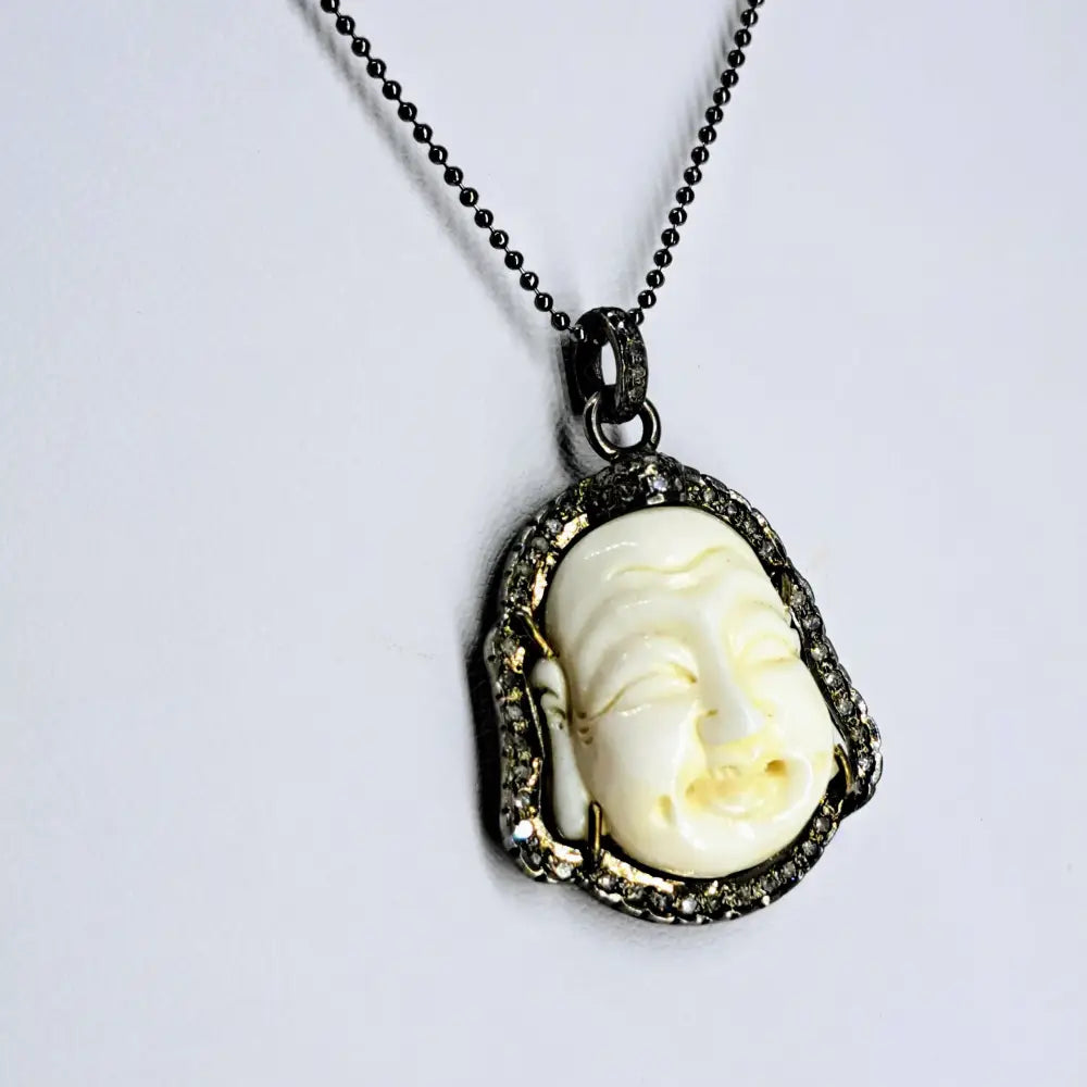 Outlet ?Happy Necklace’ Pendant - Diamond Carved Bone Black Sterling