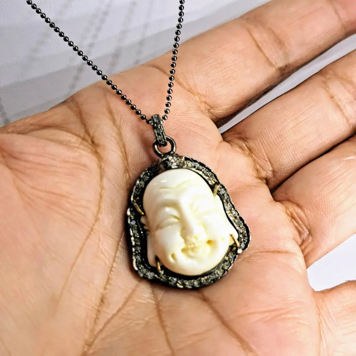 Outlet ?Happy Necklace’ Pendant - Diamond Carved Bone Black Sterling