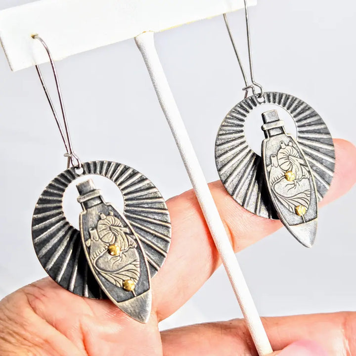 Heart Throb Earrings 2.75’’ Mixed Metals French Hook Upcycled