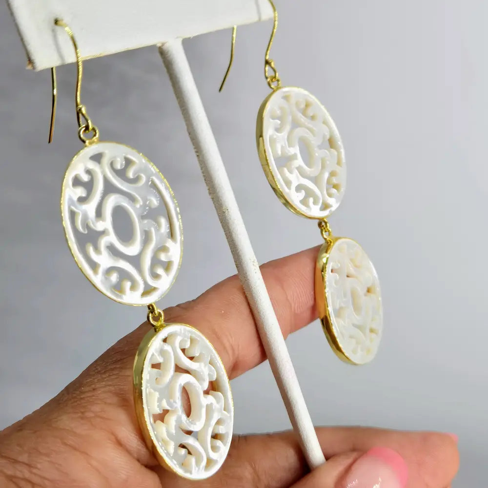 ?HEaven’s Gate’ Earrings - South Seas Mother of Pearl 18k Gold Sterling - 3.5’’ Classic French Hook W/ Oval