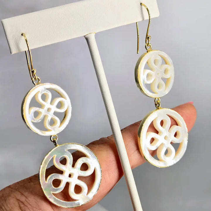 ?HEaven’s Gate’ Earrings - South Seas Mother of Pearl 18k Gold Sterling - 2.75’’ Classic French Hook W/ Round