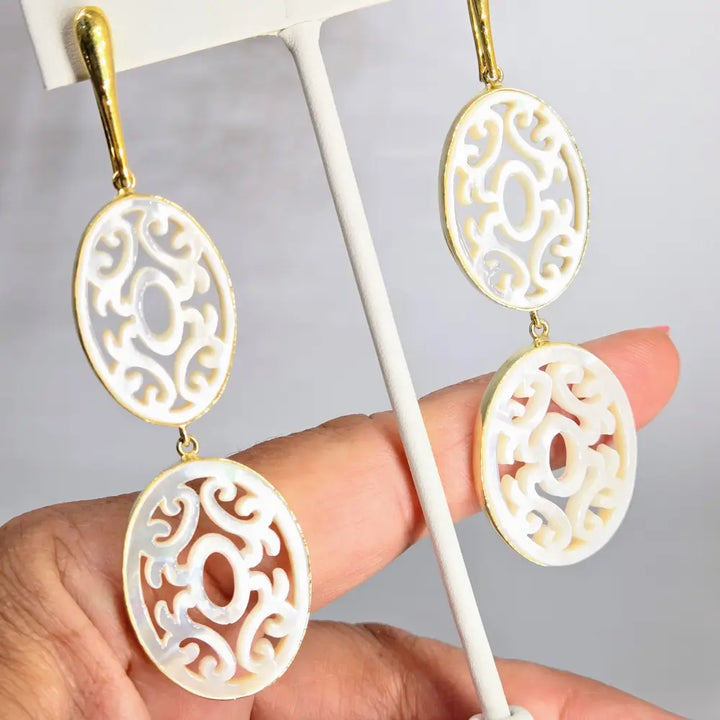 ?HEaven’s Gate’ Earrings - South Seas Mother of Pearl 18k Gold Sterling - 3.5’’ Modern French Hook W/ Oval