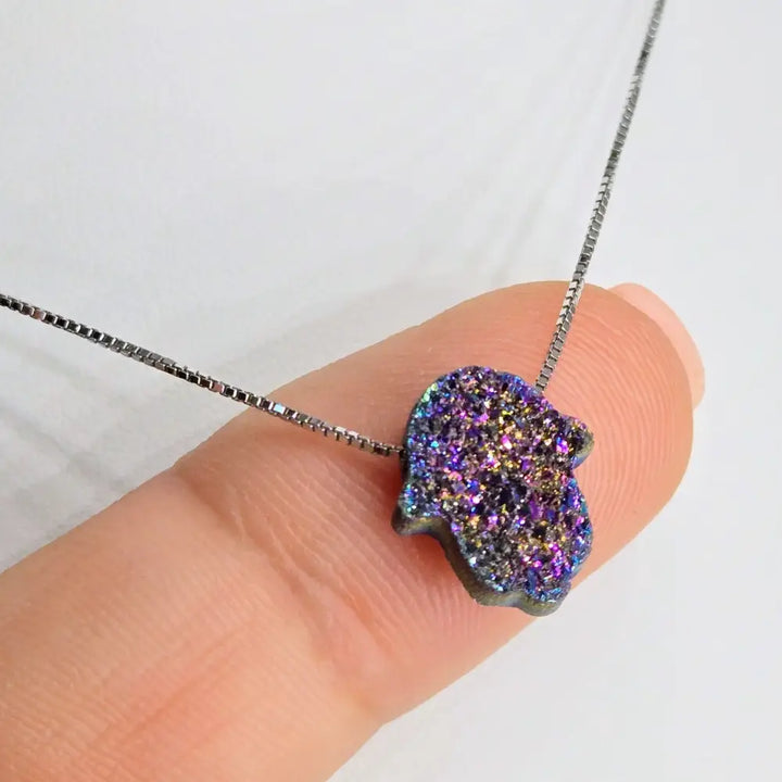 ?HElping Hand’ 16’’ Necklace - (choose your Favorite!) Druzy Anti-tarnish Sterling - #5) Silver / Purple Peacock
