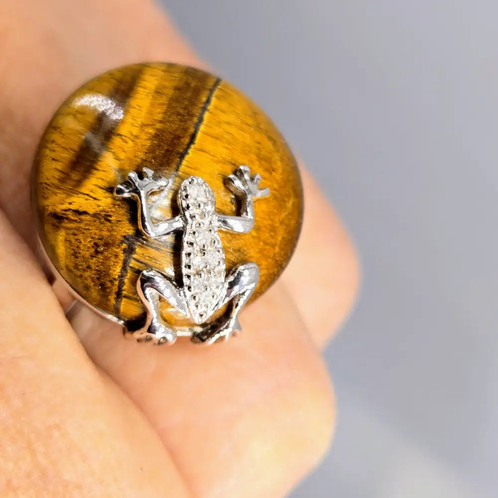 ?HEy Froggie!’ Sz 7 Ring - Diamonds Tiger Eye Anti-tarnish Sterling
