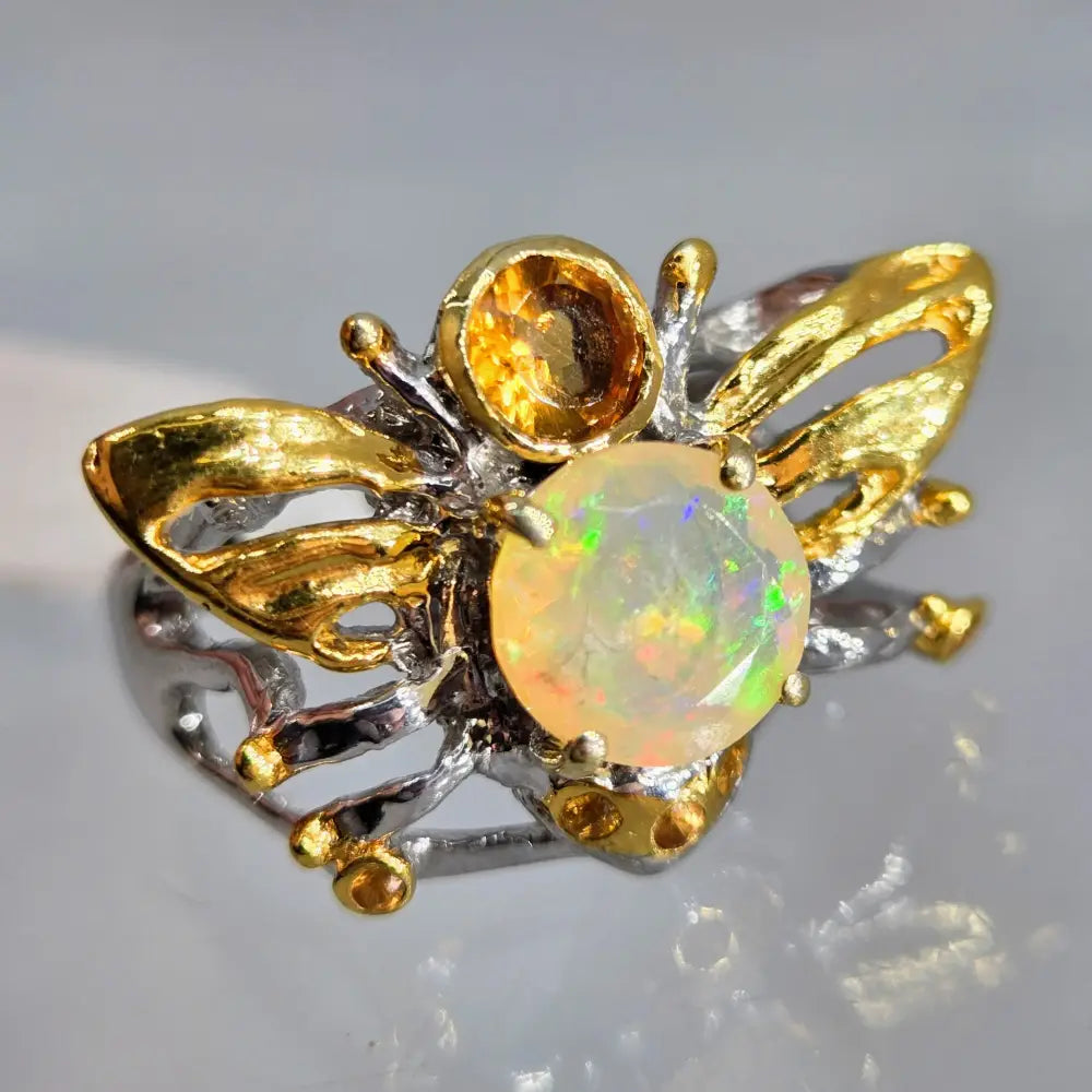 ?HOney Bee Mine!’ Sz 8.25 Ring - Opal Citrine Anti-tarnish Sterling 18k Accents