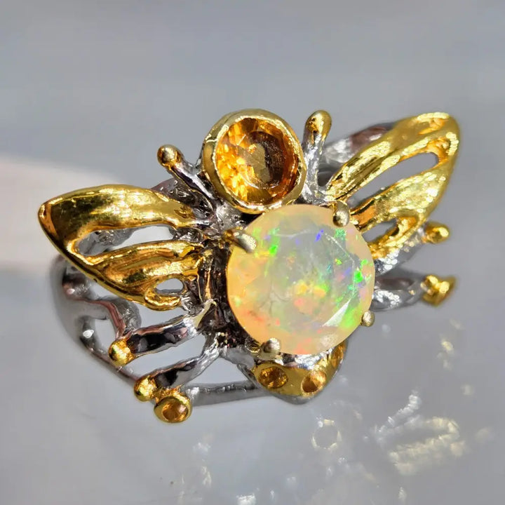 ?HOney Bee Mine!’ Sz 8.25 Ring - Opal Citrine Anti-tarnish Sterling 18k Accents