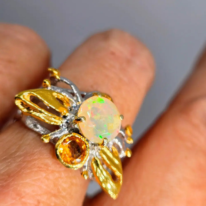 ?HOney Bee Mine!’ Sz 8.25 Ring - Opal Citrine Anti-tarnish Sterling 18k Accents