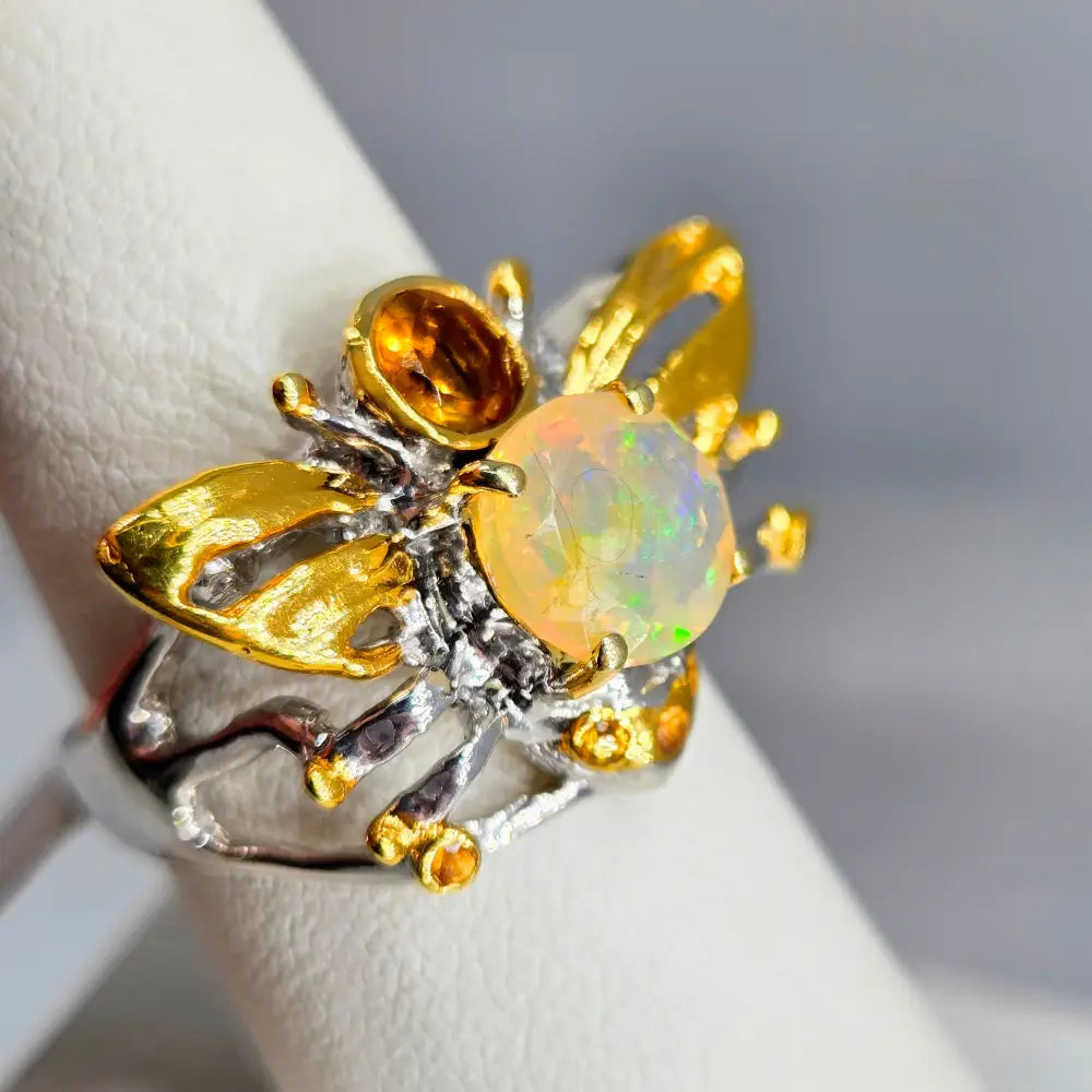 ?HOney Bee Mine!’ Sz 8.25 Ring - Opal Citrine Anti-tarnish Sterling 18k Accents