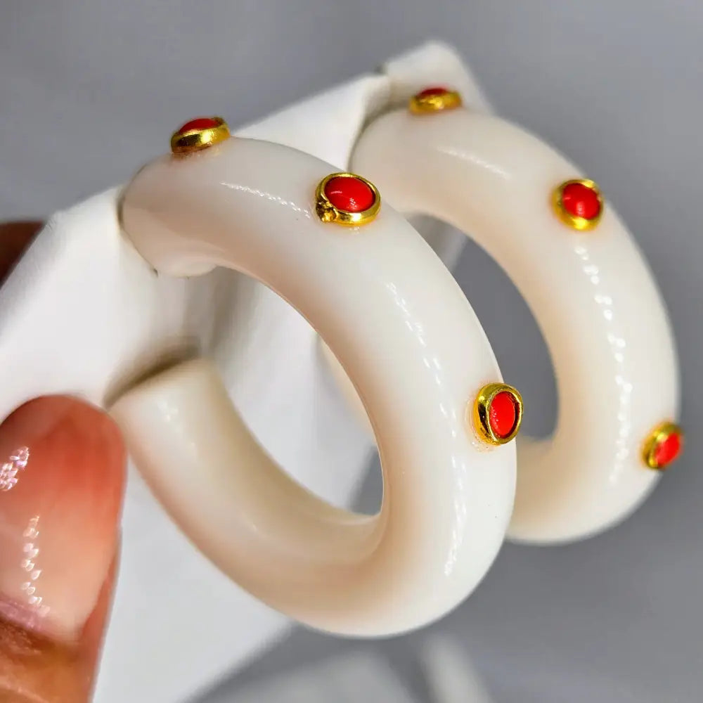 ?DOttie Hoops!’ 1.5’’ Earrings - Choose your Color! Resin Horn Semi-precious Stones Hypoallergenic Posts - Cream W/red
