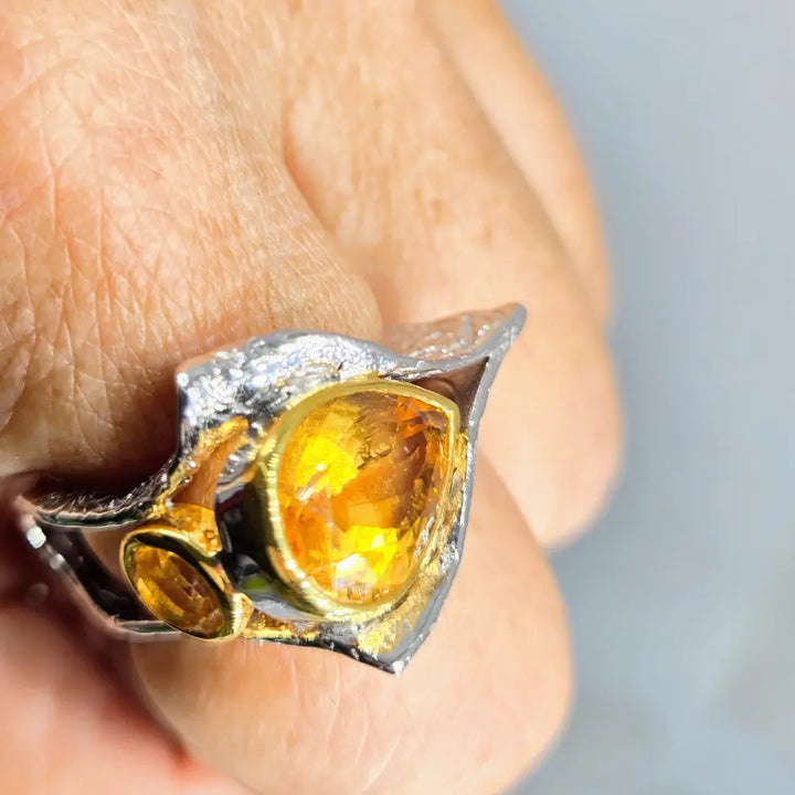 ?HOt Honey in an El Camino!’ Sz 9 Ring - Citrine Anti-tarnish Sterling 18k Accents