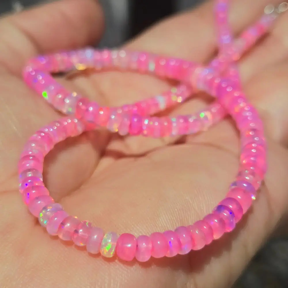 ?HOt House Flowers!’ 16’’ - 18’’ Necklace - Opal Silver-filled Findings - Bubble Gum & Glitter Pink (great Flash! 4-5mm)