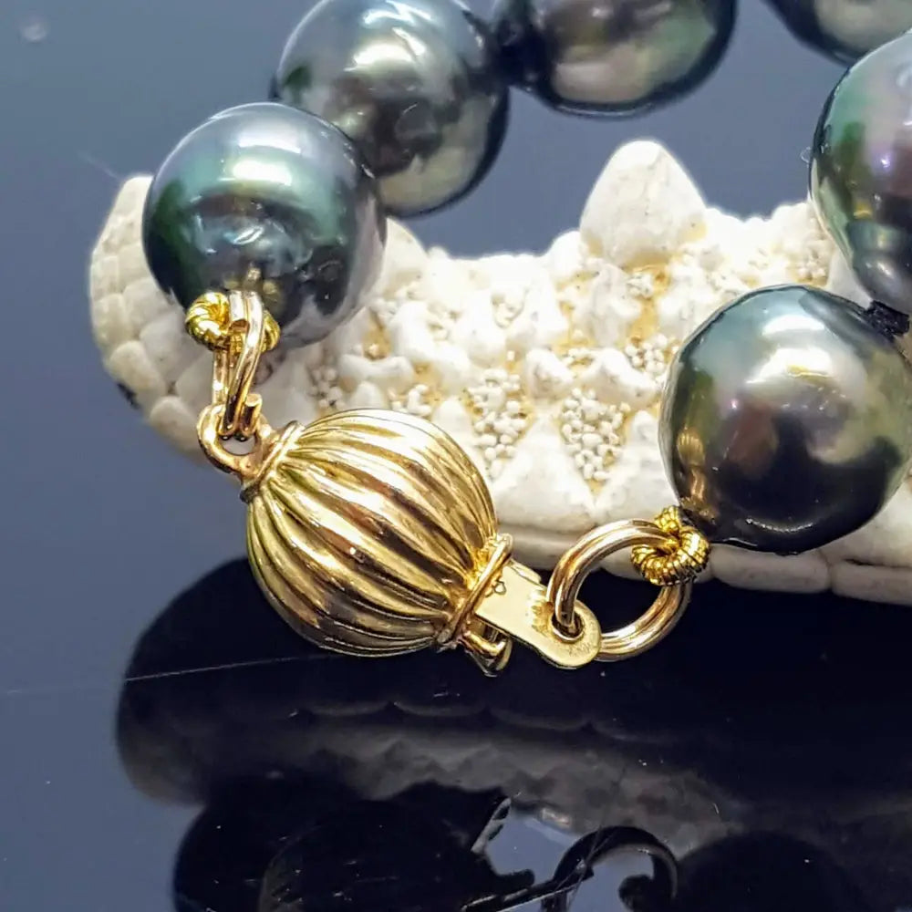 ?IF It’s not Baroque...’ 18’’ Necklace - Black Tahitian Pearls Silk 14k Gold Clasp