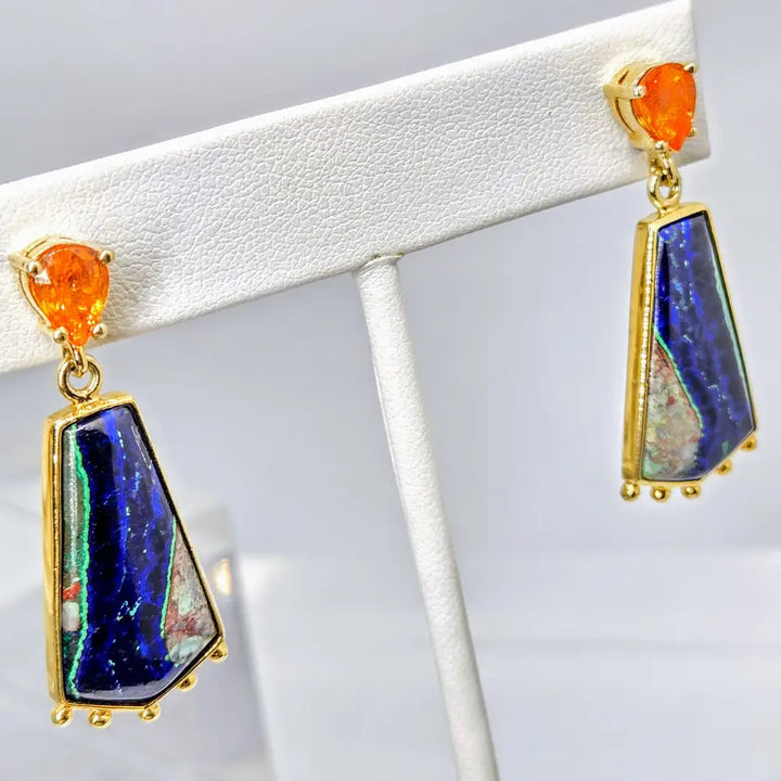 ?IN the Navy’ 1.75’’ Earrings - Azurite Malachite Spessartite Garnet Anti-tarnish Sterling 18k Gold