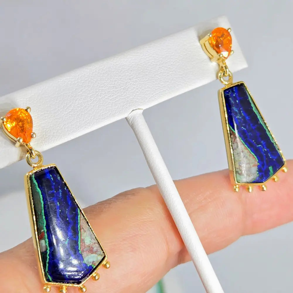?IN the Navy’ 1.75’’ Earrings - Azurite Malachite Spessartite Garnet Anti-tarnish Sterling 18k Gold