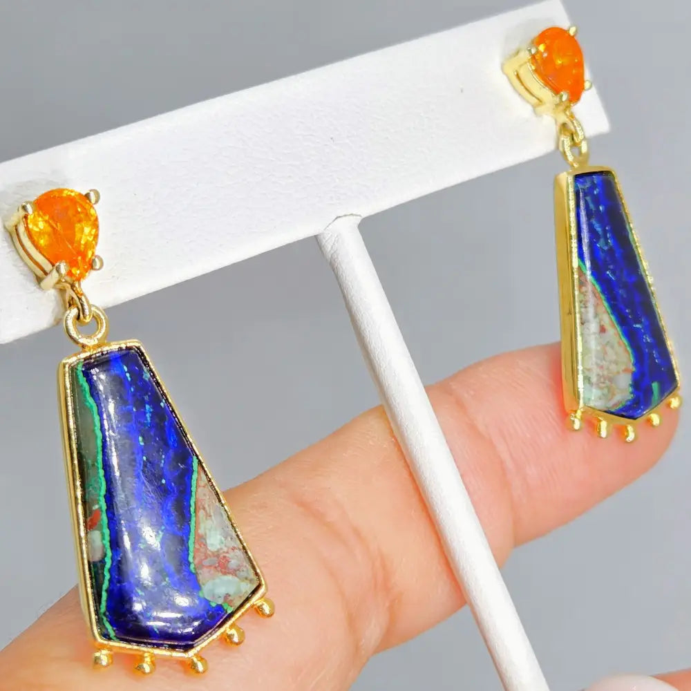 ?IN the Navy’ 1.75’’ Earrings - Azurite Malachite Spessartite Garnet Anti-tarnish Sterling 18k Gold