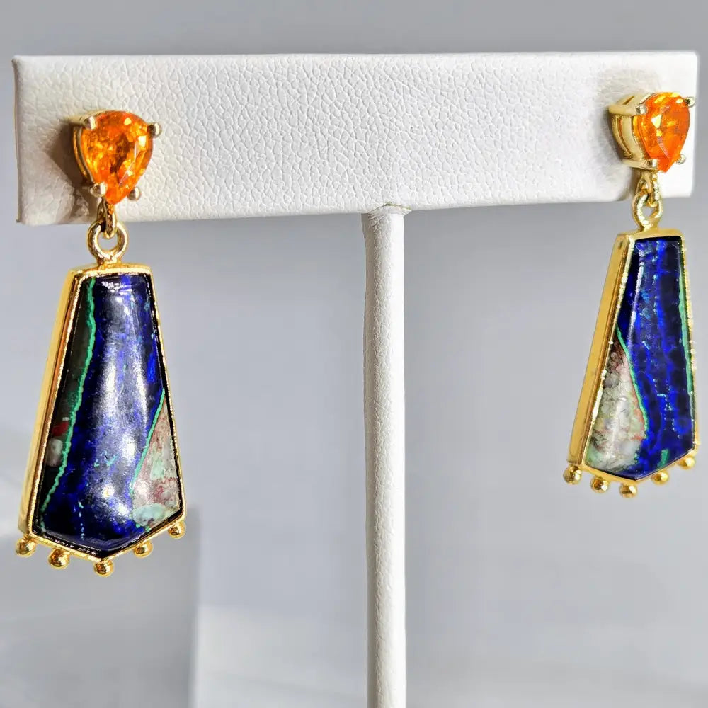 ?IN the Navy’ 1.75’’ Earrings - Azurite Malachite Spessartite Garnet Anti-tarnish Sterling 18k Gold