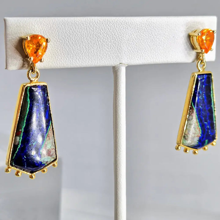 ?IN the Navy’ 1.75’’ Earrings - Azurite Malachite Spessartite Garnet Anti-tarnish Sterling 18k Gold