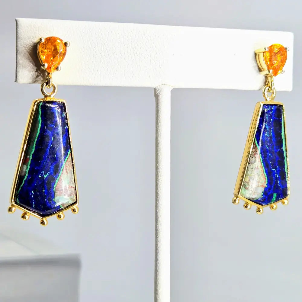 ?IN the Navy’ 1.75’’ Earrings - Azurite Malachite Spessartite Garnet Anti-tarnish Sterling 18k Gold