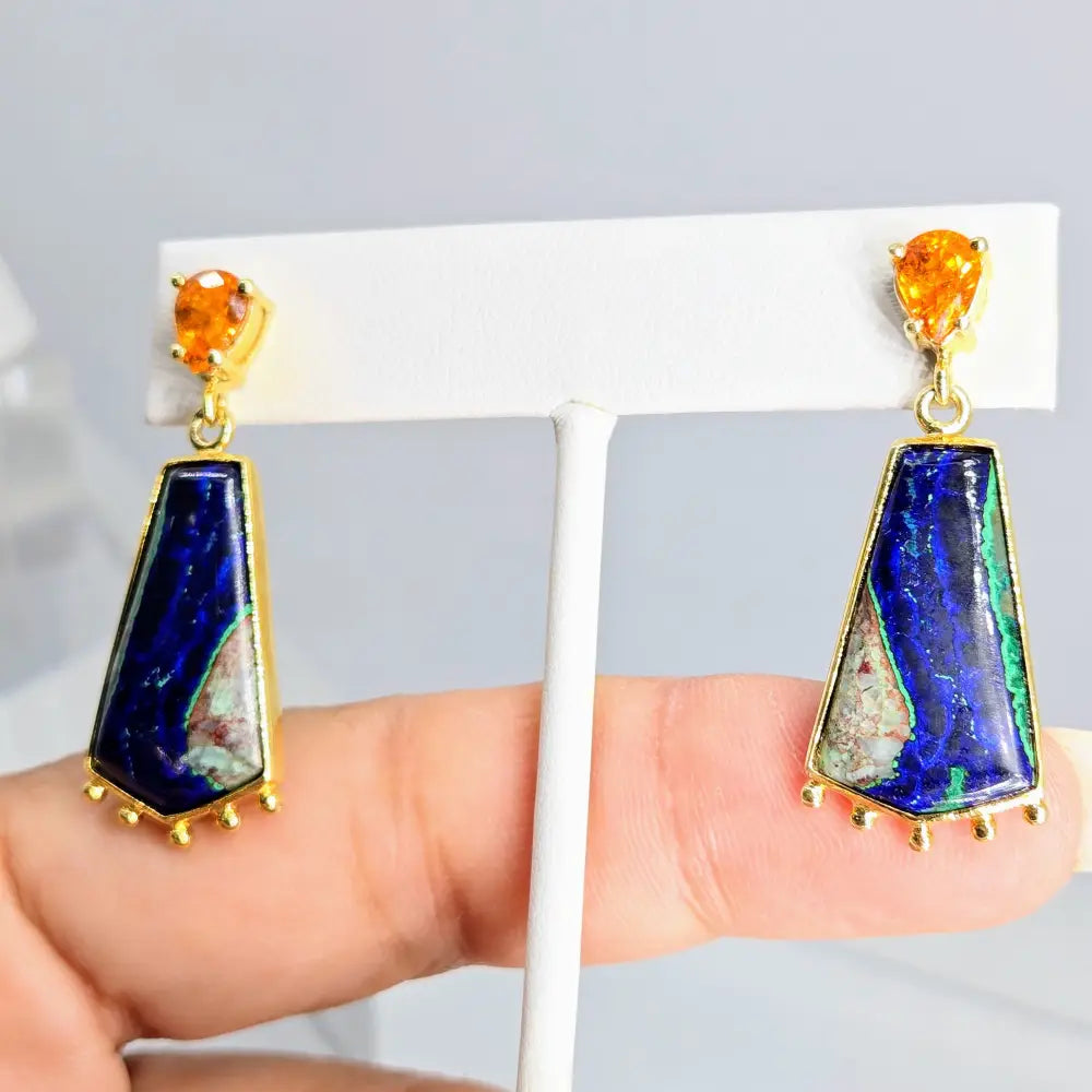 ?IN the Navy’ 1.75’’ Earrings - Azurite Malachite Spessartite Garnet Anti-tarnish Sterling 18k Gold
