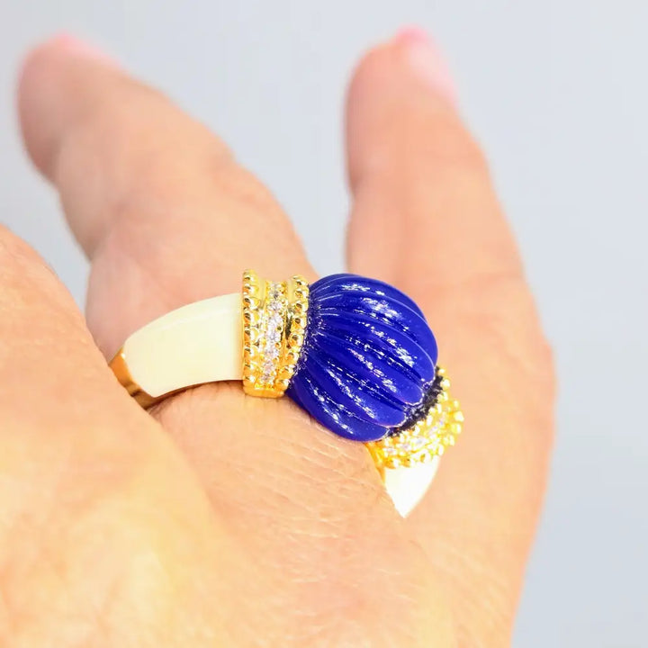 ?IN the Navy’ Sz 8 Ring Lapis Crystal Enamel 18k Jewelers Brass
