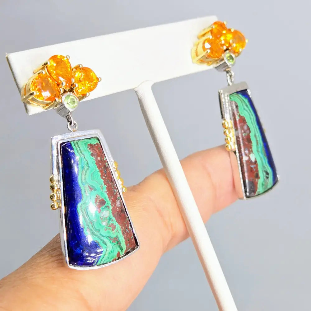 ?INdigenous Dancers’ 2’’ Earrings - Azurite Malachite Spessartite Garnet Peridot Anti-tarnish Sterling 18k Gold