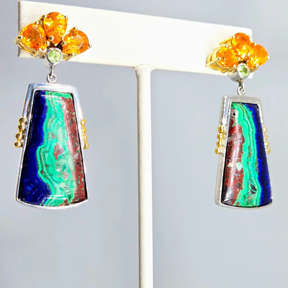 ?INdigenous Dancers’ 2’’ Earrings - Azurite Malachite Spessartite Garnet Peridot Anti-tarnish Sterling 18k Gold