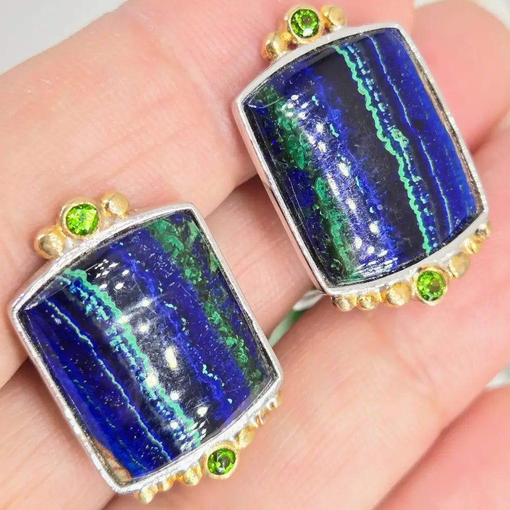 ?INdigo Dreams’ 1’’ Earrings - Azurite Malachite Chrome Diopside Sterling 18k Gold