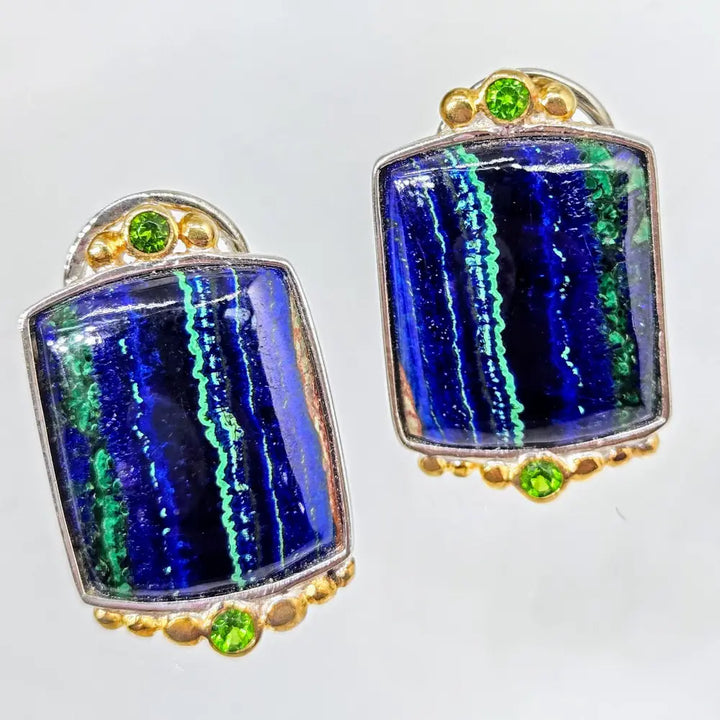 ?INdigo Dreams’ 1’’ Earrings - Azurite Malachite Chrome Diopside Sterling 18k Gold