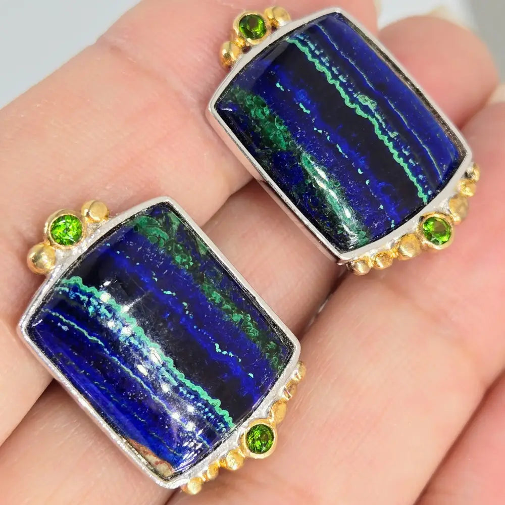 ?INdigo Dreams’ 1’’ Earrings - Azurite Malachite Chrome Diopside Sterling 18k Gold