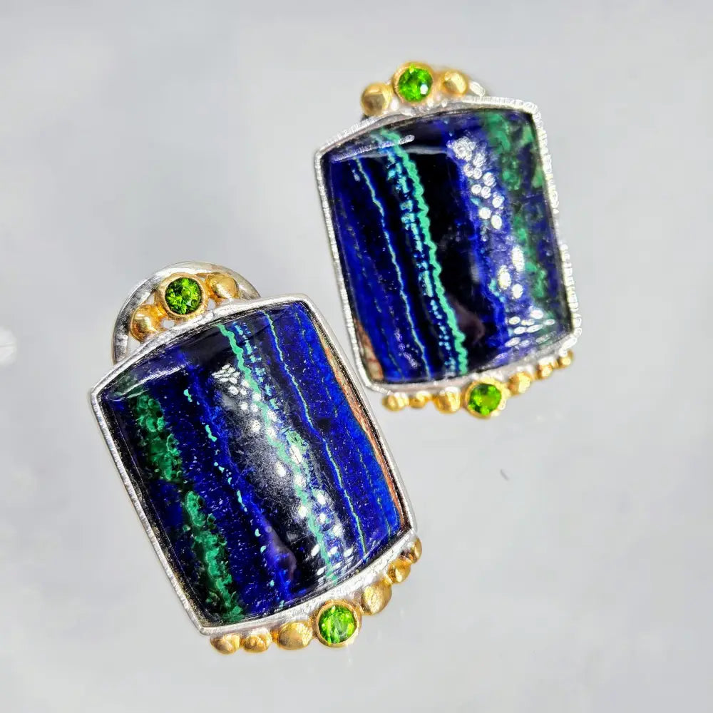 ?INdigo Dreams’ 1’’ Earrings - Azurite Malachite Chrome Diopside Sterling 18k Gold