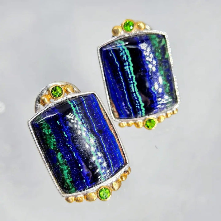 ?INdigo Dreams’ 1’’ Earrings - Azurite Malachite Chrome Diopside Sterling 18k Gold