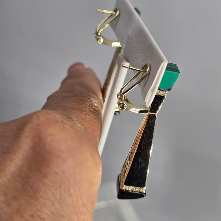 ?INdustrial Age Dames’ 2’’ Earrings - Malachite Onyx Zircon Gold Anti-tarnish Sterling