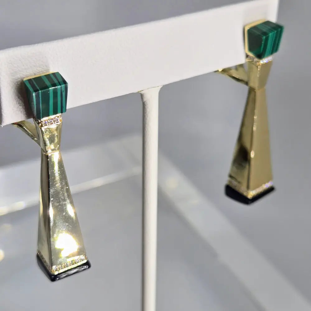 ?INdustrial Age Dames’ 2’’ Earrings - Malachite Onyx Zircon Gold Anti-tarnish Sterling