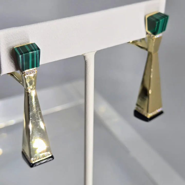 ?INdustrial Age Dames’ 2’’ Earrings - Malachite Onyx Zircon Gold Anti-tarnish Sterling