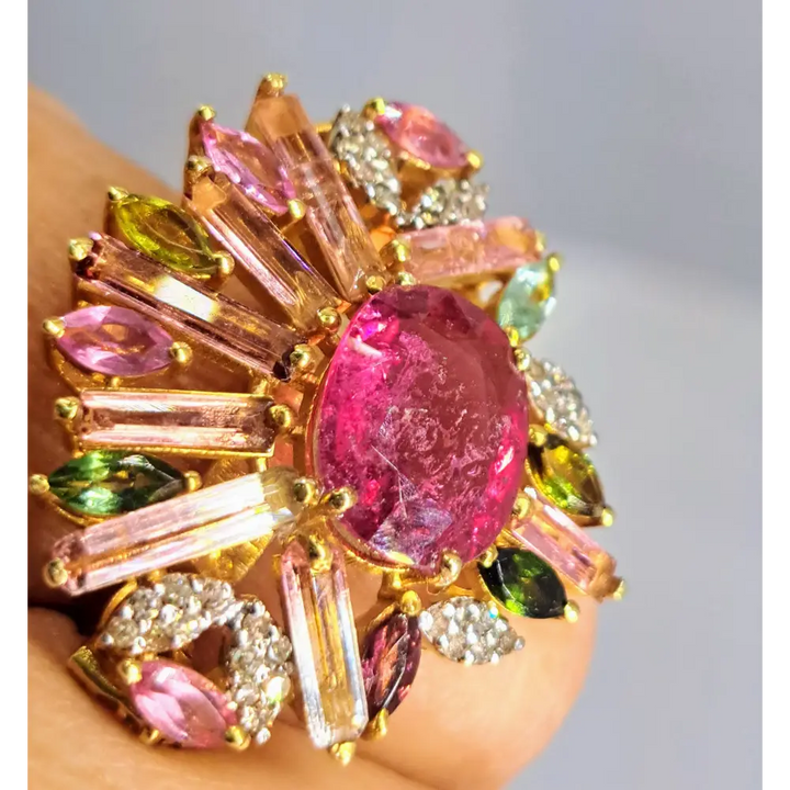 ?JArdin Tropical’ Sz 6 Ring - Tourmaline Diamonds 18k Gold Sterling