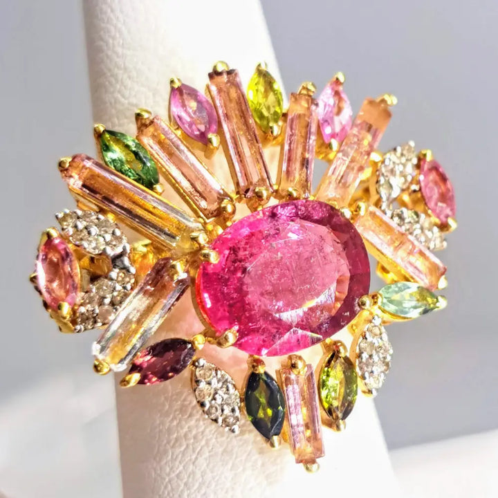 ?JArdin Tropical’ Sz 6 Ring - Tourmaline Diamonds 18k Gold Sterling