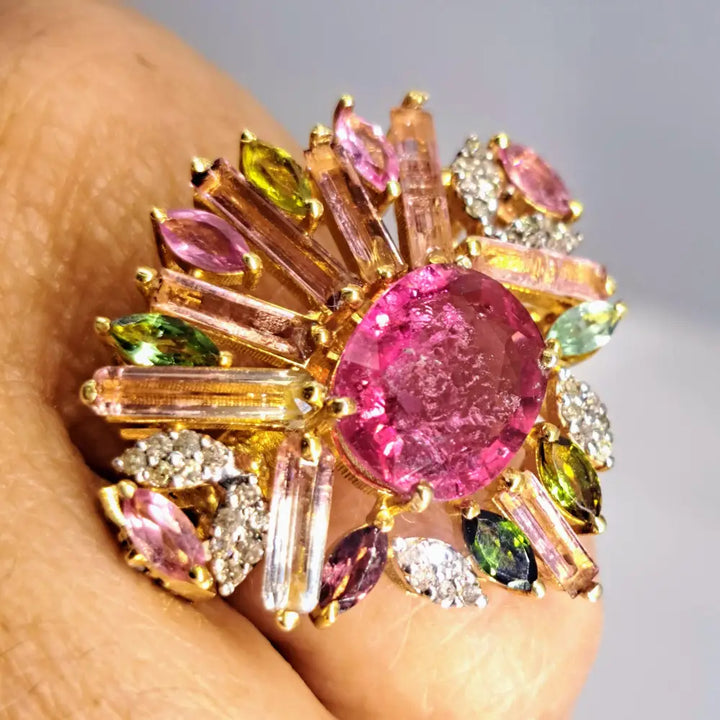 ?JArdin Tropical’ Sz 6 Ring - Tourmaline Diamonds 18k Gold Sterling