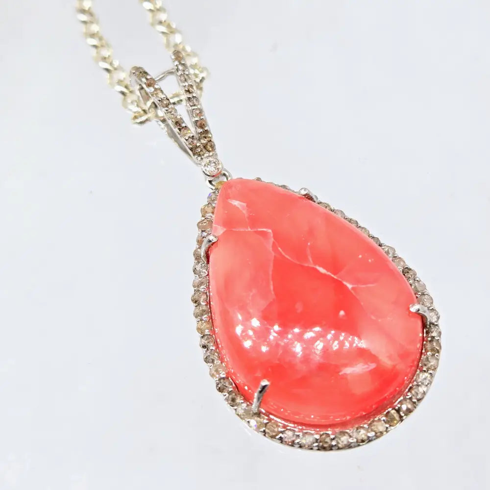 ?JOlly Rancher-pink’ Pendant Necklace - Rhodochrosite Diamond Anti-tarnish Sterling + Crystal Strand
