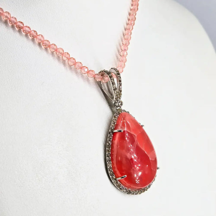 ?JOlly Rancher-pink’ Pendant Necklace - Rhodochrosite Diamond Anti-tarnish Sterling + Crystal Strand