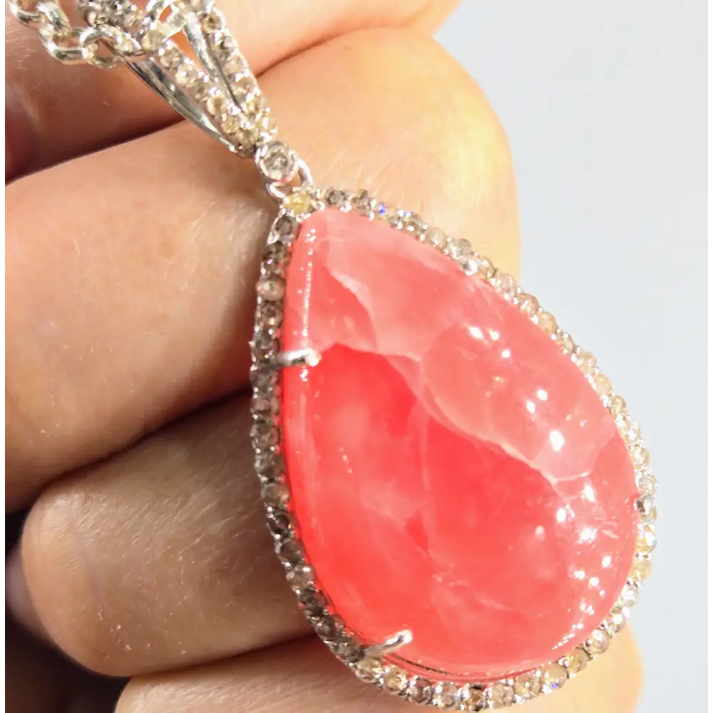 ?JOlly Rancher-pink’ Pendant Necklace - Rhodochrosite Diamond Anti-tarnish Sterling + Crystal Strand