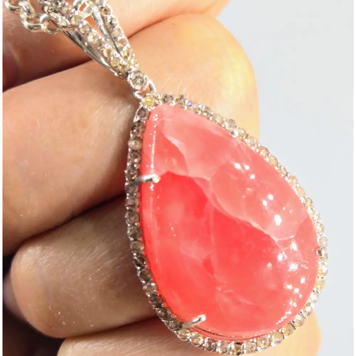 ?JOlly Rancher-pink’ Pendant Necklace - Rhodochrosite Diamond Anti-tarnish Sterling + Crystal Strand