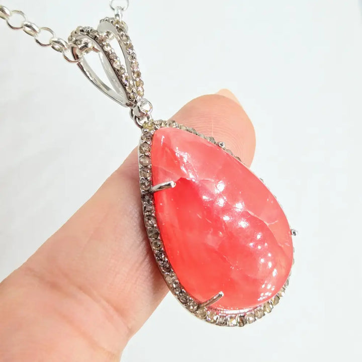 ?JOlly Rancher-pink’ Pendant Necklace - Rhodochrosite Diamond Anti-tarnish Sterling + Crystal Strand